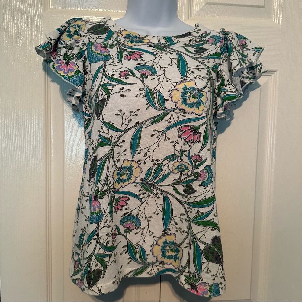LOFT White and Blue Ruffled Cap Sleeve Blouse - Picture 2 of 5